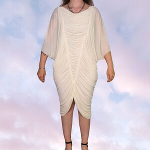 Vtg 70s 80s Batwing Draped Ruched Slinky Off White Party Cocktail Stretchy Dress